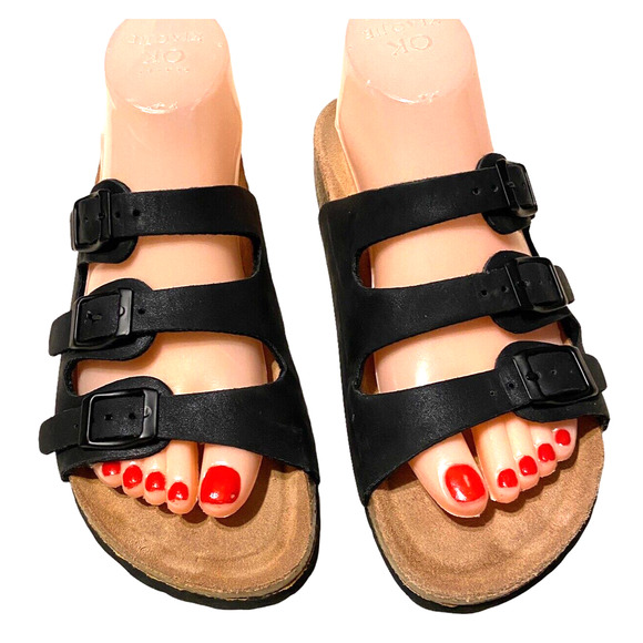 Cushionaire Leather Comfort Fit Sandal Navy Buckled Straps Size 8.5 M Adjustable - Picture 2 of 9